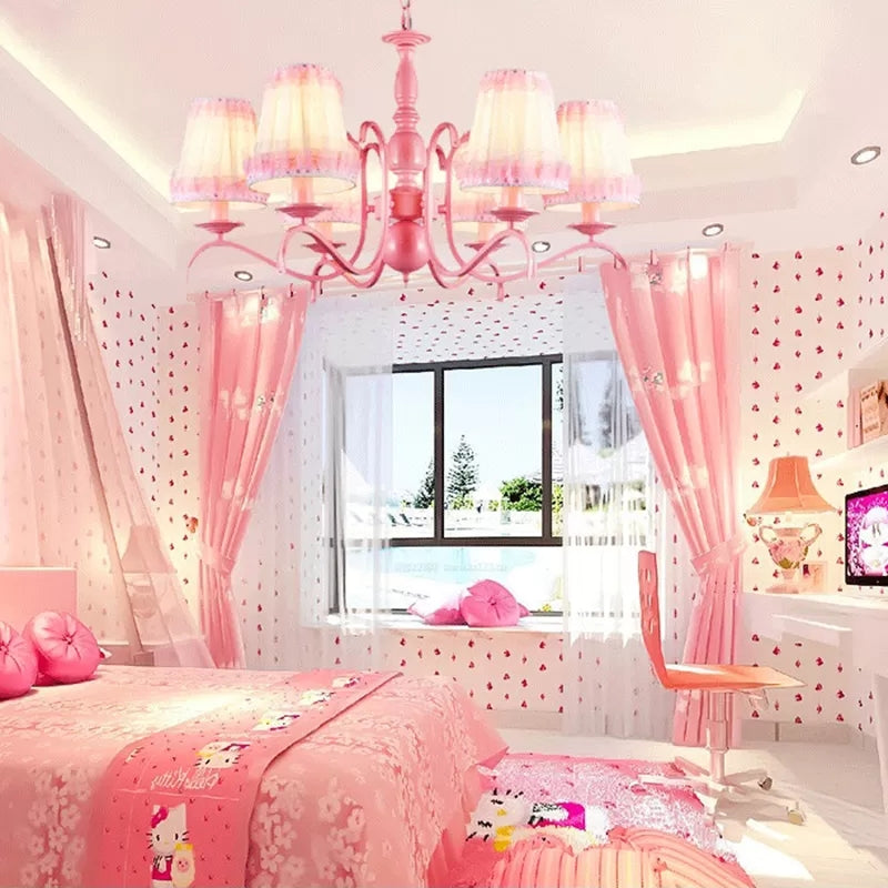 Kids Trapezoid Shade Chandelier with Lace Metal Hanging Lamp in Pink for Restaurant Clearhalo 'Ceiling Lights' 'Chandeliers' Lighting' options 36091