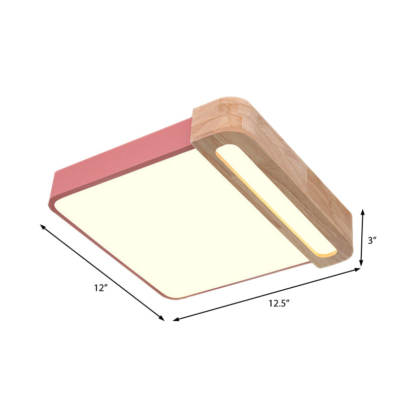 Nordic Square Acrylic Flush Light 12"/16" Wide LED Surface Ceiling Lamp in Grey/White/Red with Wood Guard Clearhalo 'Ceiling Lights' 'Close To Ceiling Lights' 'Close to ceiling' 'Flush mount' Lighting' 361477