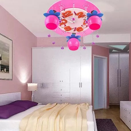 Kid Bedroom Clock Ceiling Mount Light with Crystal Wood 3 Heads Creative Ceiling Lamp Clearhalo 'Ceiling Lights' 'Close To Ceiling Lights' 'Close to ceiling' 'Flush mount' Lighting' 36393