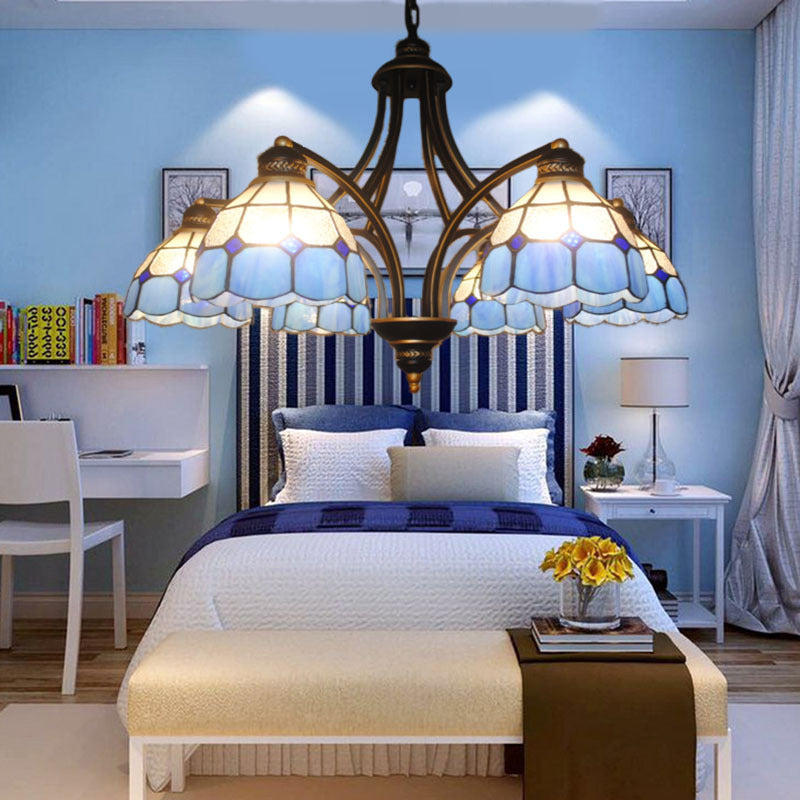 Blue Glass Semi Globe Chandelier with Metal Chain 6/8 Lights Tiffany Pendant Lighting for Bedroom Clearhalo 'Ceiling Lights' 'Chandeliers' 'Industrial' 'Middle Century Chandeliers' 'Tiffany Chandeliers' 'Tiffany close to ceiling' 'Tiffany' Lighting' 36454