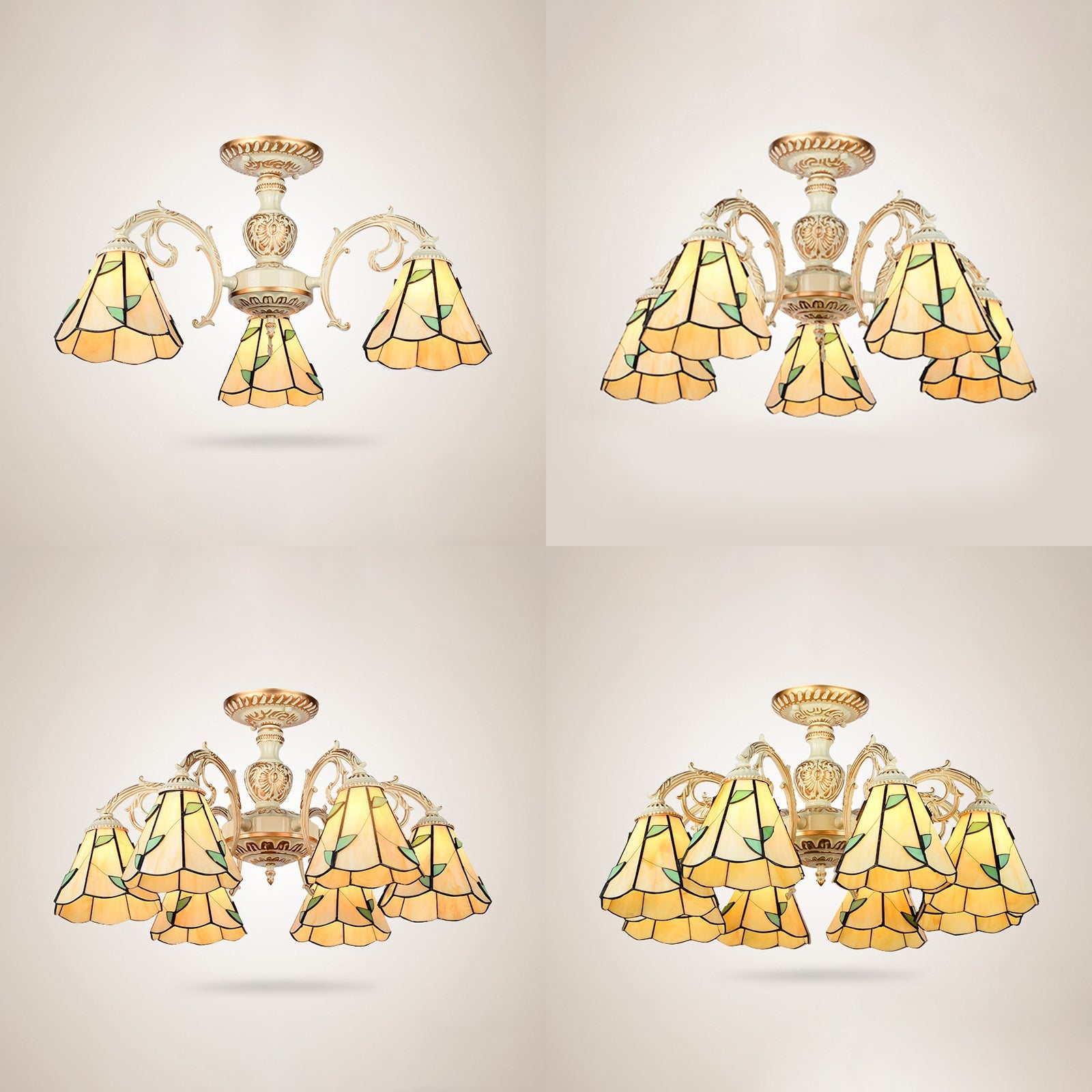 Leaf Chandelier Lamp with Curved Arm 3/5/6/8 Lights Beige Glass Rustic Living Room Hanging Light Clearhalo 'Ceiling Lights' 'Chandeliers' 'Close To Ceiling Lights' 'Close to ceiling' 'Glass shade' 'Glass' 'Semi-flushmount' 'Tiffany close to ceiling' 'Tiffany' Lighting' 36749