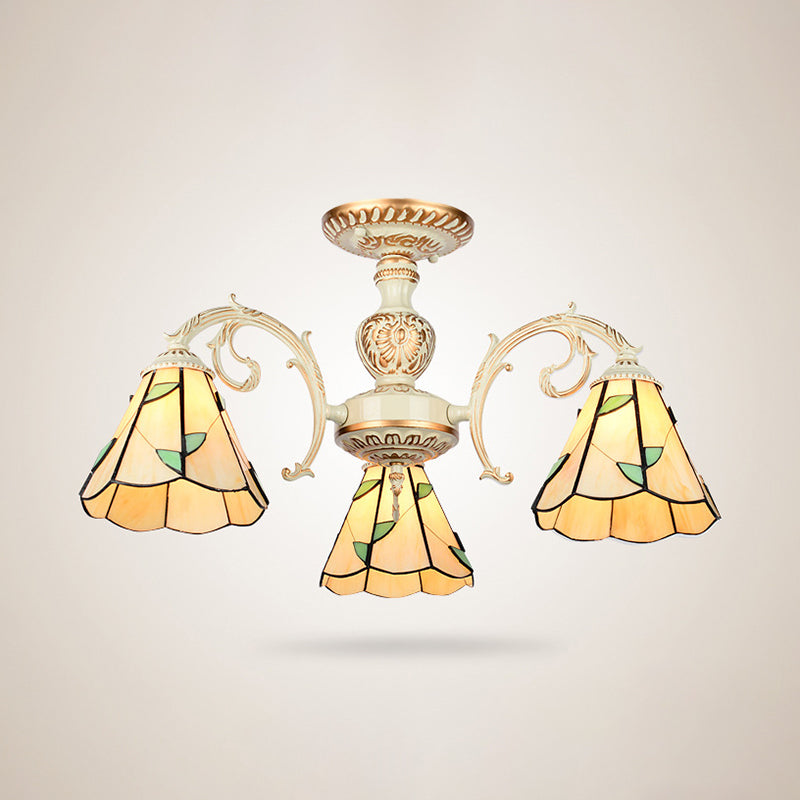 Leaf Chandelier Lamp with Curved Arm 3/5/6/8 Lights Beige Glass Rustic Living Room Hanging Light Clearhalo 'Ceiling Lights' 'Chandeliers' 'Close To Ceiling Lights' 'Close to ceiling' 'Glass shade' 'Glass' 'Semi-flushmount' 'Tiffany close to ceiling' 'Tiffany' Lighting' 36750