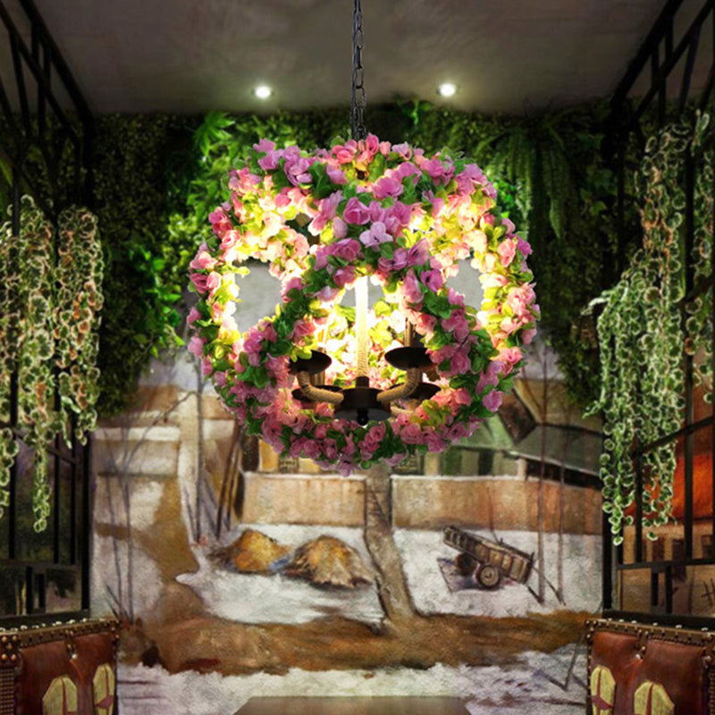 Industrial Global Chandelier Light Fixture 3 Lights Metal LED Flower Pendant Lamp in Pink for Restaurant Clearhalo 'Ceiling Lights' 'Chandeliers' 'Industrial Chandeliers' 'Industrial' 'Middle Century Chandeliers' 'Tiffany' Lighting' 367644