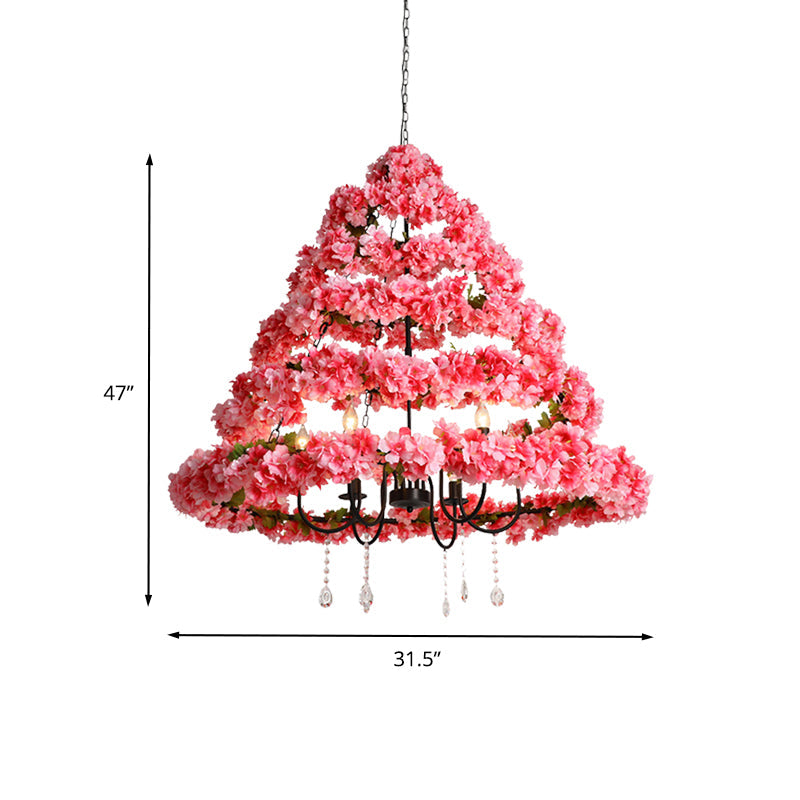 Cherry Blossom Restaurant Chandelier Light Industrial Metal 5 Bulbs Pink Hanging Lamp with Dangling Crystal, 31.5"/43" W Clearhalo 'Cast Iron' 'Ceiling Lights' 'Chandeliers' 'Industrial Chandeliers' 'Industrial' 'Metal' 'Middle Century Chandeliers' 'Rustic Chandeliers' 'Tiffany' Lighting' 367677