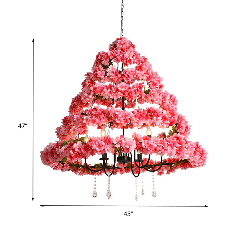 Cherry Blossom Restaurant Chandelier Light Industrial Metal 5 Bulbs Pink Hanging Lamp with Dangling Crystal, 31.5"/43" W Clearhalo 'Cast Iron' 'Ceiling Lights' 'Chandeliers' 'Industrial Chandeliers' 'Industrial' 'Metal' 'Middle Century Chandeliers' 'Rustic Chandeliers' 'Tiffany' Lighting' 367678