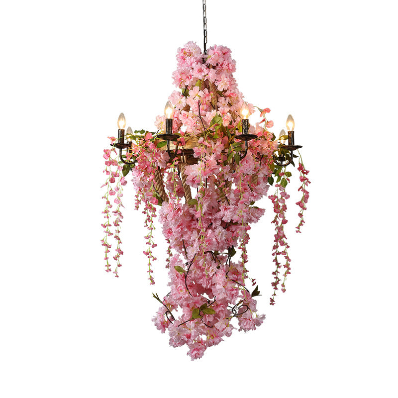 Candlestick Restaurant Chandelier Light Industrial Metal 6/8 Bulbs Pink LED Flower Hanging Lamp Clearhalo 'Cast Iron' 'Ceiling Lights' 'Chandeliers' 'Industrial Chandeliers' 'Industrial' 'Metal' 'Middle Century Chandeliers' 'Rustic Chandeliers' 'Tiffany' Lighting' 367719