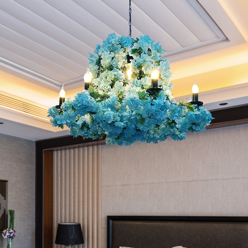 Industrial Candle Chandelier Light Fixture 6/8 Bulbs Metal LED Suspension Lighting in Blue with Cherry Blossom Clearhalo 'Cast Iron' 'Ceiling Lights' 'Chandeliers' 'Industrial Chandeliers' 'Industrial' 'Metal' 'Middle Century Chandeliers' 'Rustic Chandeliers' 'Tiffany' Lighting' 367734