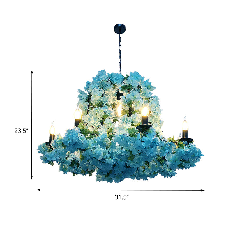 Industrial Candle Chandelier Light Fixture 6/8 Bulbs Metal LED Suspension Lighting in Blue with Cherry Blossom Clearhalo 'Cast Iron' 'Ceiling Lights' 'Chandeliers' 'Industrial Chandeliers' 'Industrial' 'Metal' 'Middle Century Chandeliers' 'Rustic Chandeliers' 'Tiffany' Lighting' 367736