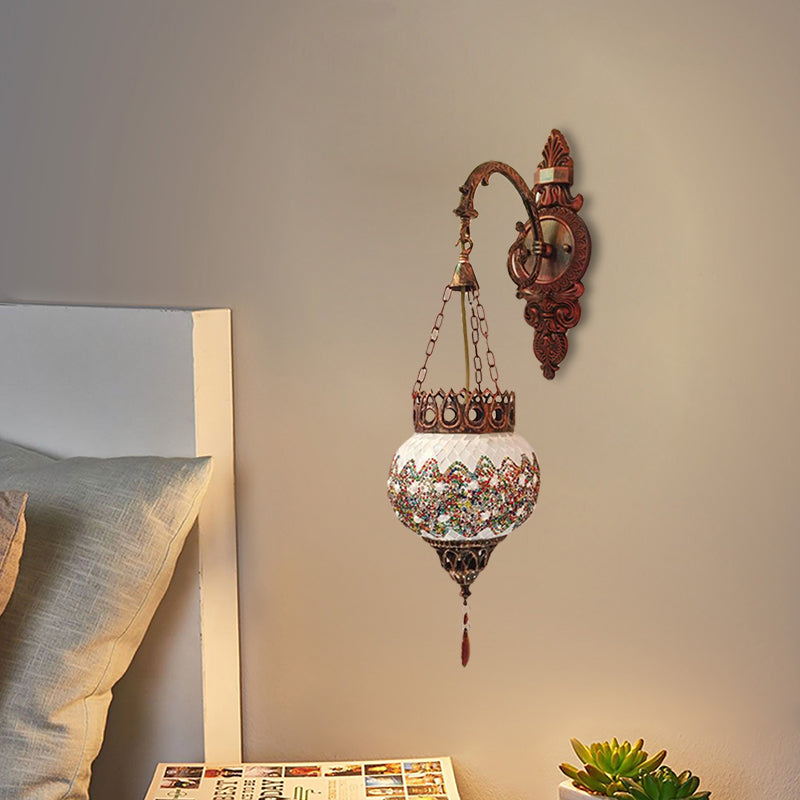 1 Bulb Global Wall Sconce Decorative Copper Stained Glass Wall Light Fixture for Living Room Copper Clearhalo 'Wall Lamps & Sconces' 'Wall Lights' Lighting' 367777