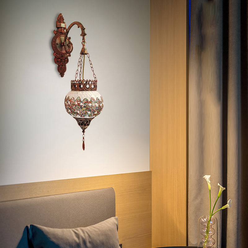 1 Bulb Global Wall Sconce Decorative Copper Stained Glass Wall Light Fixture for Living Room Clearhalo 'Wall Lamps & Sconces' 'Wall Lights' Lighting' 367779