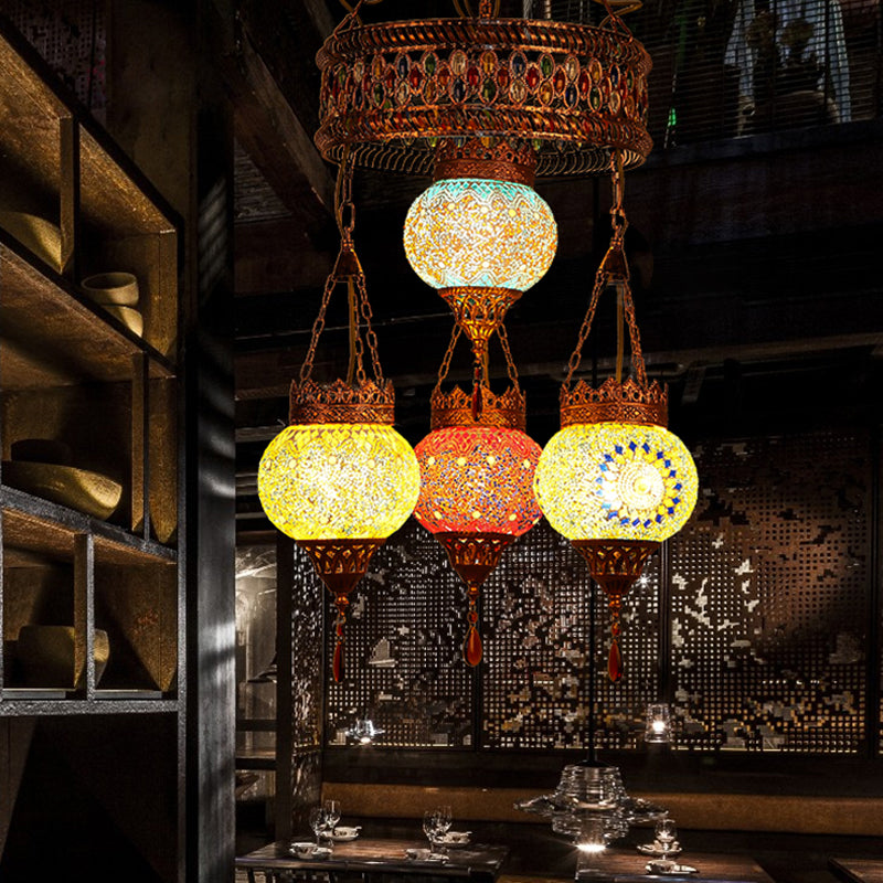 4 Heads Ceiling Chandelier Traditional Lantern Stained Glass Suspension Lighting Fixture in Copper for Restaurant Copper Clearhalo 'Ceiling Lights' 'Chandeliers' Lighting' options 367917_76b75058-c015-4119-9f3f-6b1ea4320396