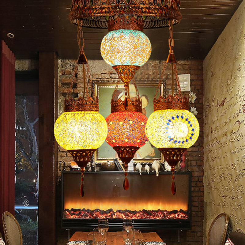 4 Heads Ceiling Chandelier Traditional Lantern Stained Glass Suspension Lighting Fixture in Copper for Restaurant Clearhalo 'Ceiling Lights' 'Chandeliers' Lighting' options 367918