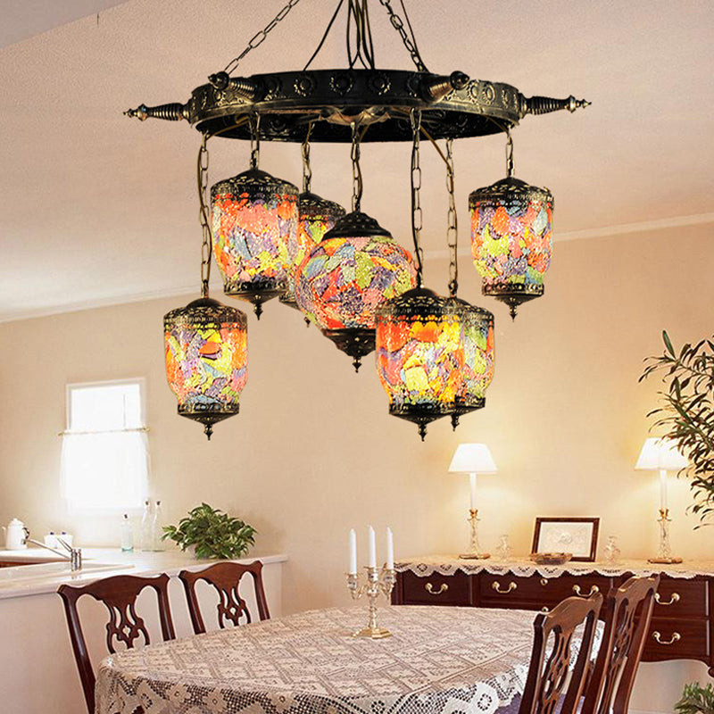 7 Bulbs Purple Glass Chandelier Pendant Art Deco Bronze Gyroscope Restaurant Hanging Lamp with Rudder Accent Clearhalo 'Ceiling Lights' 'Chandeliers' Lighting' options 367922