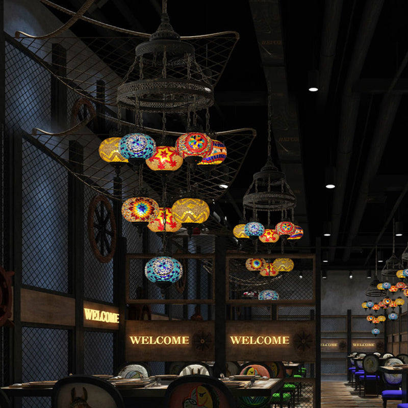 Stained Glass Lantern Pendant Lighting Bohemia Style 9 Bulbs Coffee House Ceiling Chandelier in Black Clearhalo 'Ceiling Lights' 'Chandeliers' Lighting' options 367927