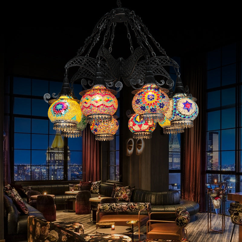 Stained Glass Black Hanging Chandelier Lantern 26"/33.5" Wide 8 Bulbs Art Deco Down Lighting Pendant Clearhalo 'Ceiling Lights' 'Chandeliers' Lighting' options 367938