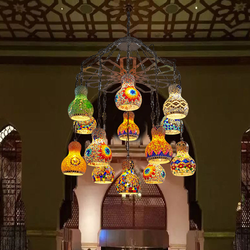13 Lights Gourd Pendant Chandelier Bohemia Antique Black Stained Glass Hanging Light Kit Clearhalo 'Ceiling Lights' 'Chandeliers' Lighting' options 367947