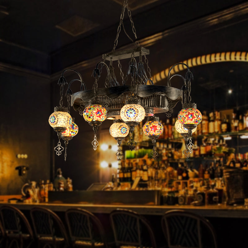 8 Heads Globe Hanging Lighting Bohemia Iron Stained Glass Chandelier Pendant Lamp for Restaurant Iron Clearhalo 'Ceiling Lights' 'Chandeliers' Lighting' options 367952_243e0717-3439-400b-8280-00a872ade5dc