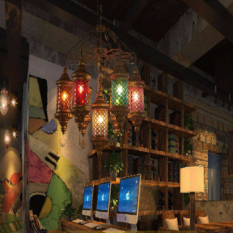 Brass Cylinder Pendant Lighting Industrial Stained Glass 7 Bulbs Restaurant Ceiling Chandelier Clearhalo 'Ceiling Lights' 'Chandeliers' Lighting' options 367957
