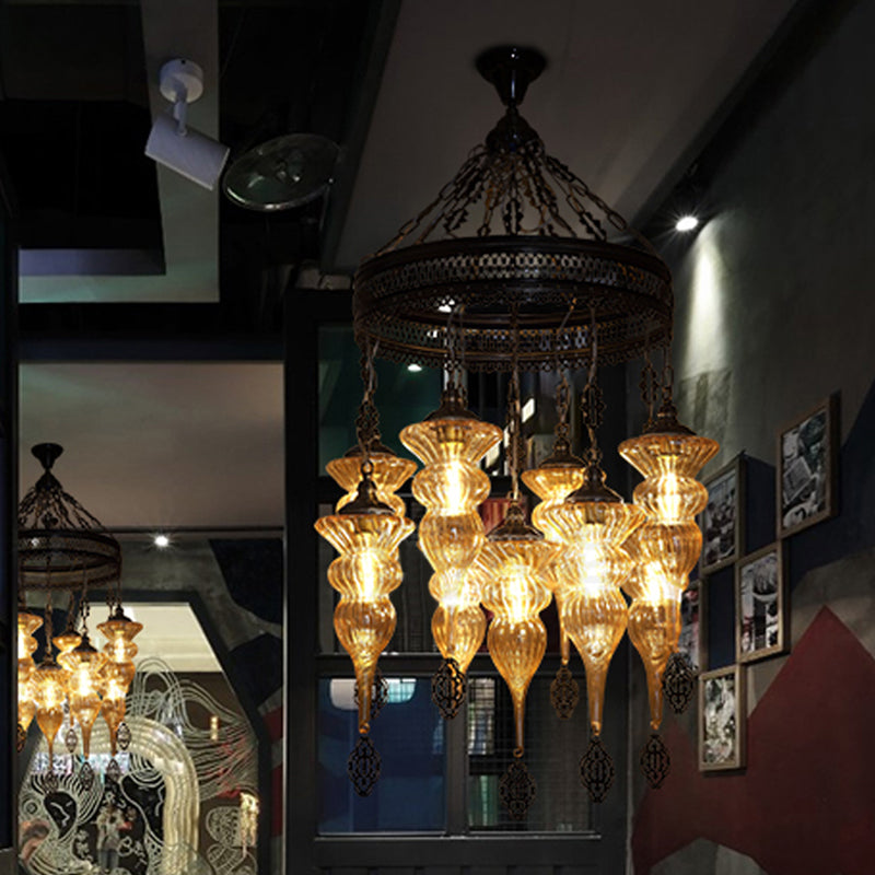 9 Bulbs Pendant Chandelier Traditional Coffee Shop Suspension Lighting Fixture with Jar Tan Ribbing Glass Shade Clearhalo 'Ceiling Lights' 'Chandeliers' Lighting' options 367967