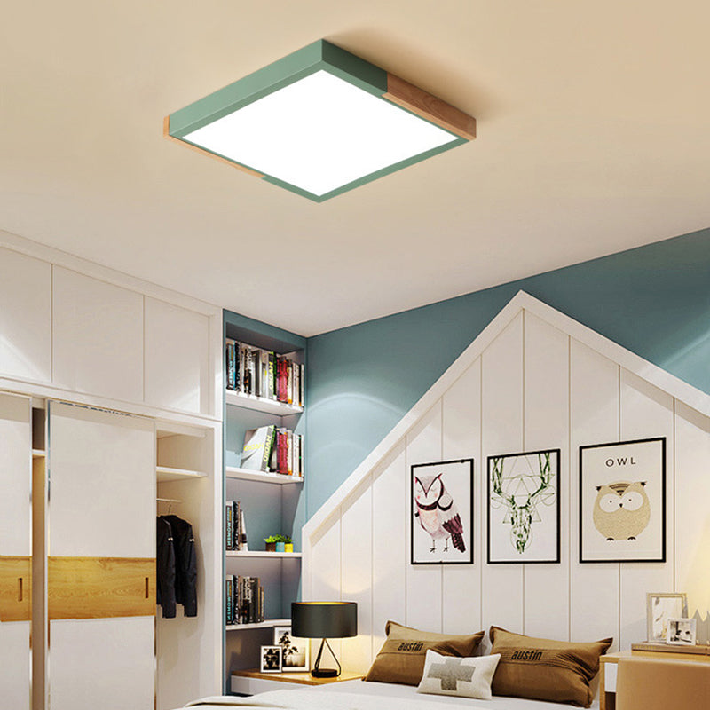 Spliced Square Flush Mount Light Nordic Metal Green/White/Black-Wood LED Ceiling Lighting in White/Warm/3 Color Light, 16"/19.5" Wide Green 16" Clearhalo 'Ceiling Lights' 'Close To Ceiling Lights' 'Close to ceiling' 'Flush mount' Lighting' 369264