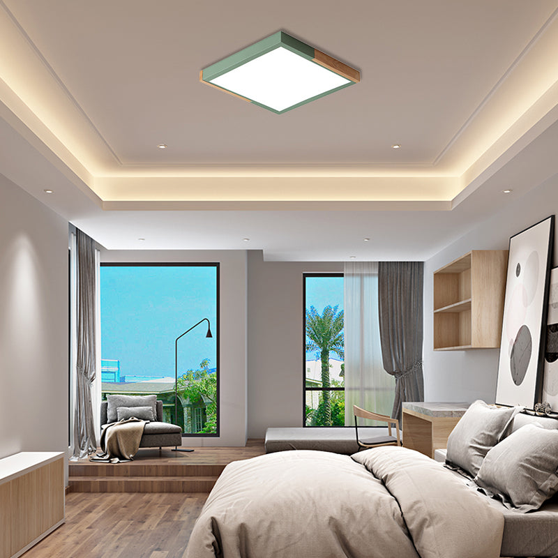 Spliced Square Flush Mount Light Nordic Metal Green/White/Black-Wood LED Ceiling Lighting in White/Warm/3 Color Light, 16"/19.5" Wide Clearhalo 'Ceiling Lights' 'Close To Ceiling Lights' 'Close to ceiling' 'Flush mount' Lighting' 369268