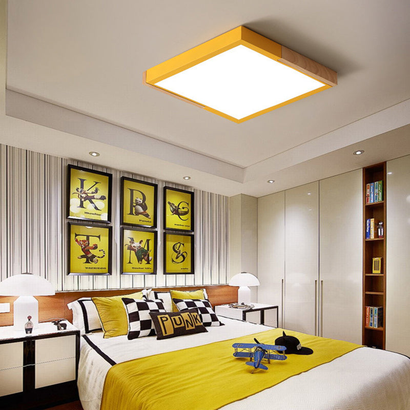 Spliced Square Flush Mount Light Nordic Metal Green/White/Black-Wood LED Ceiling Lighting in White/Warm/3 Color Light, 16"/19.5" Wide Yellow 16" Clearhalo 'Ceiling Lights' 'Close To Ceiling Lights' 'Close to ceiling' 'Flush mount' Lighting' 369284