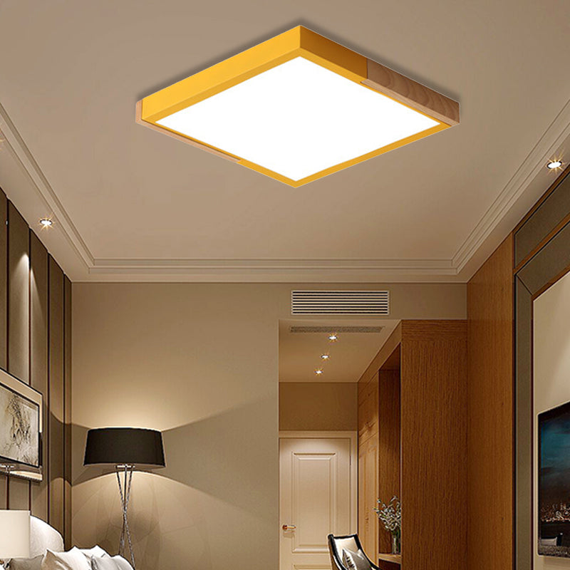 Spliced Square Flush Mount Light Nordic Metal Green/White/Black-Wood LED Ceiling Lighting in White/Warm/3 Color Light, 16"/19.5" Wide Yellow 19.5" Clearhalo 'Ceiling Lights' 'Close To Ceiling Lights' 'Close to ceiling' 'Flush mount' Lighting' 369288