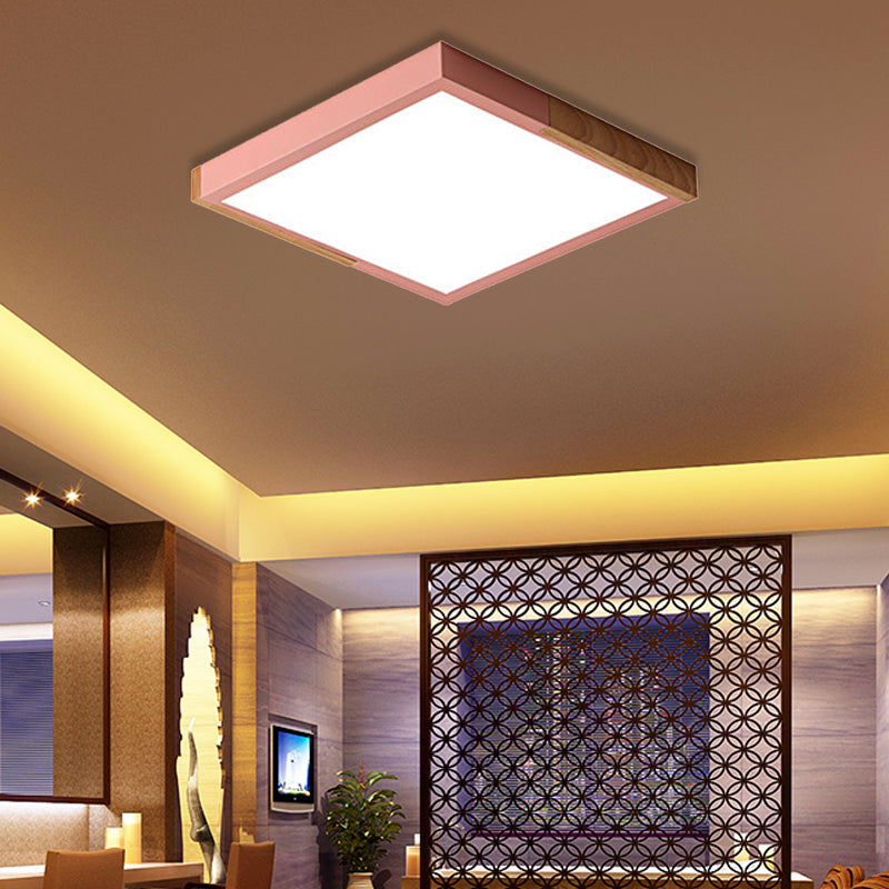 Spliced Square Flush Mount Light Nordic Metal Green/White/Black-Wood LED Ceiling Lighting in White/Warm/3 Color Light, 16"/19.5" Wide Pink 16" Clearhalo 'Ceiling Lights' 'Close To Ceiling Lights' 'Close to ceiling' 'Flush mount' Lighting' 369291