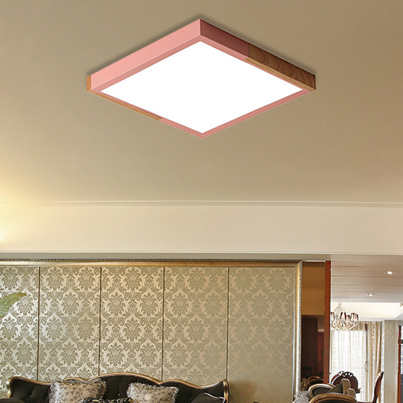 Spliced Square Flush Mount Light Nordic Metal Green/White/Black-Wood LED Ceiling Lighting in White/Warm/3 Color Light, 16"/19.5" Wide Pink 19.5" Clearhalo 'Ceiling Lights' 'Close To Ceiling Lights' 'Close to ceiling' 'Flush mount' Lighting' 369295