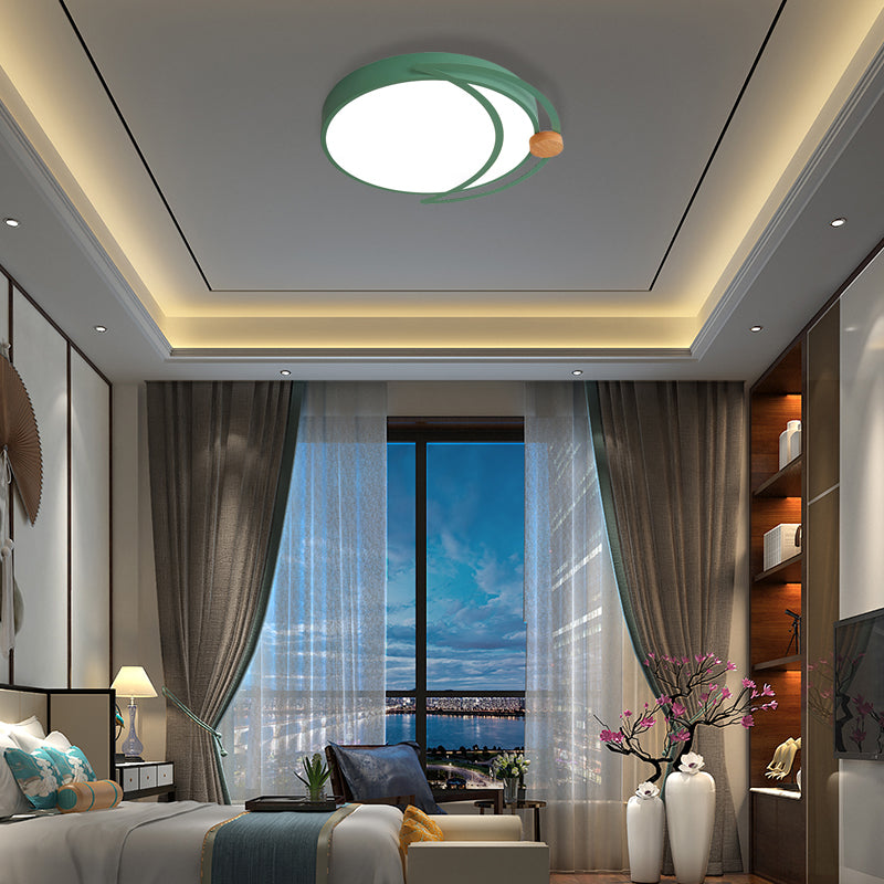 Moon Eclipse Bedroom Flush Mount Acrylic Nordic LED Close to Ceiling Lighting in Grey/White/Green with Wood Accent Green Clearhalo 'Ceiling Lights' 'Close To Ceiling Lights' 'Close to ceiling' 'Flush mount' Lighting' 369454