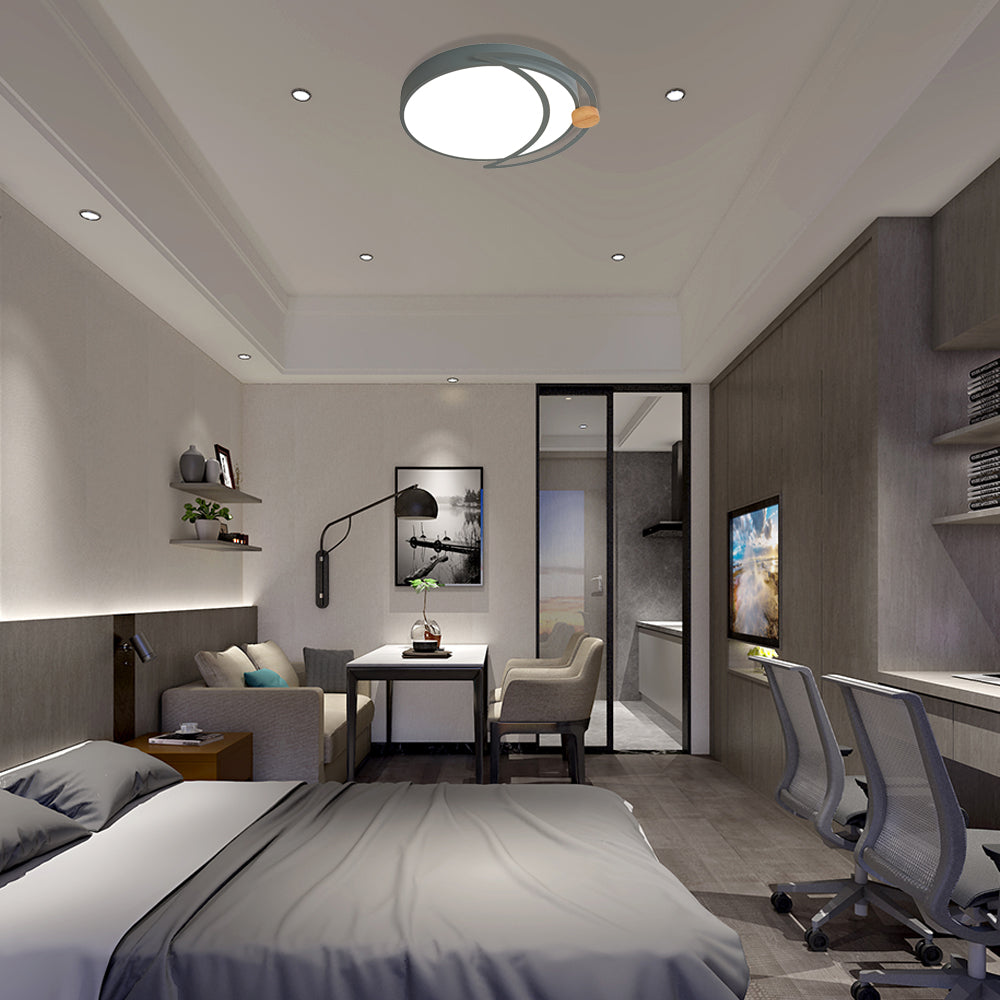 Moon Eclipse Bedroom Flush Mount Acrylic Nordic LED Close to Ceiling Lighting in Grey/White/Green with Wood Accent Clearhalo 'Ceiling Lights' 'Close To Ceiling Lights' 'Close to ceiling' 'Flush mount' Lighting' 369461