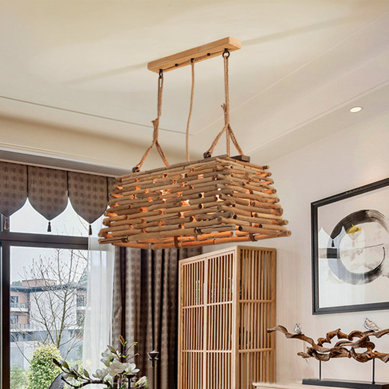Japanese Trapezoid Pendant Chandelier Wood 3 Heads Hanging Ceiling Light in Brown for Dining Room Clearhalo 'Ceiling Lights' 'Chandeliers' Lighting' options 369836