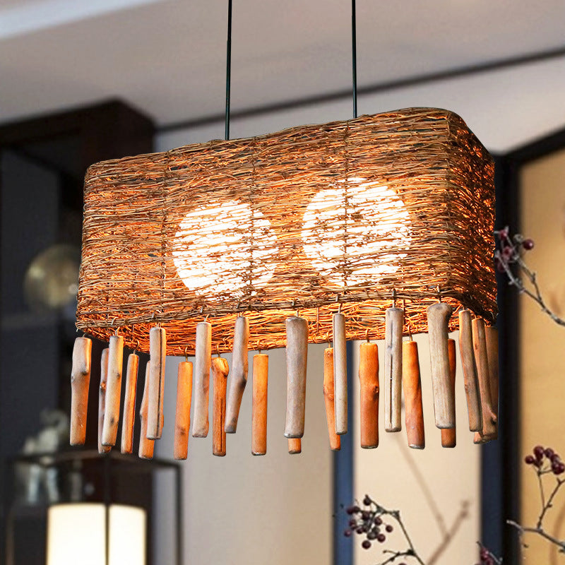 Rectangle Rattan Chandelier Light Chinese 2 Bulbs Brown Suspended Lighting Fixture Clearhalo 'Ceiling Lights' 'Chandeliers' Lighting' options 369846
