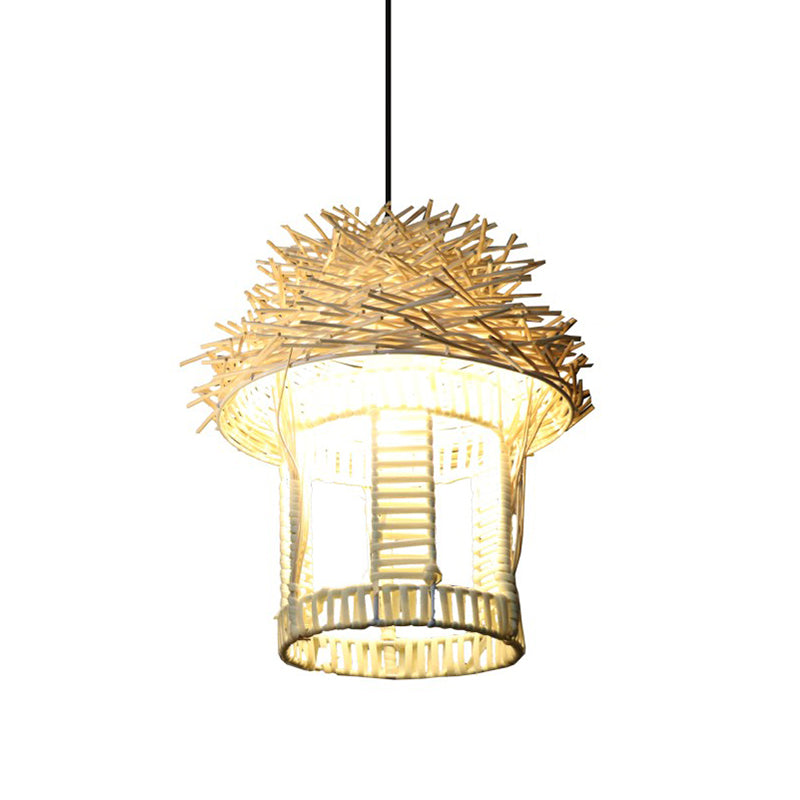 1 Bulb Handcrafted Pendant Lighting Japanese Bamboo Ceiling Suspension Lamp in White Clearhalo 'Ceiling Lights' 'Pendant Lights' 'Pendants' Lighting' 369874