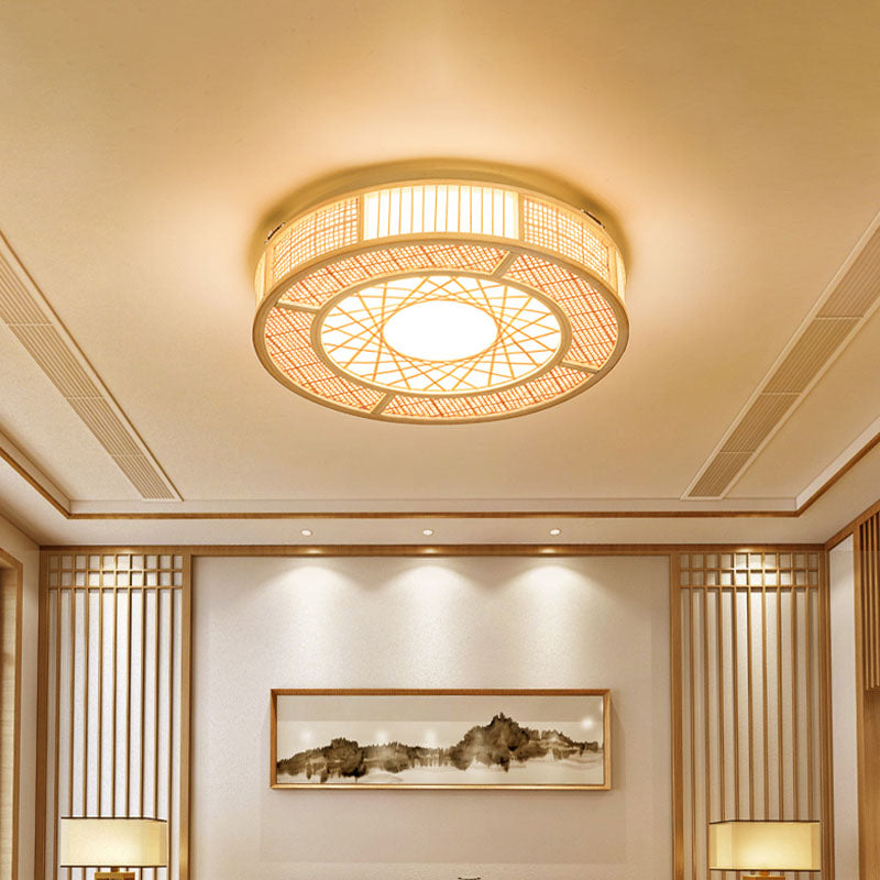 Bamboo Hand-Worked Flushmount Japanese 3 Bulbs Ceiling Mount Light Fixture in Wood Clearhalo 'Ceiling Lights' 'Close To Ceiling Lights' 'Close to ceiling' 'Flush mount' Lighting' 370053