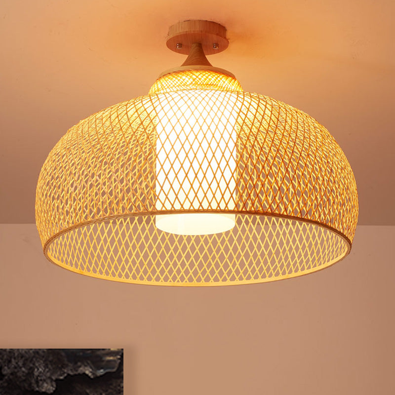 Domed Semi Flush Light Asian Bamboo 1 Bulb Wood Ceiling Mounted Fixture with Cylinder White Shade Clearhalo 'Ceiling Lights' 'Close To Ceiling Lights' 'Close to ceiling' 'Semi-flushmount' Lighting' 370067