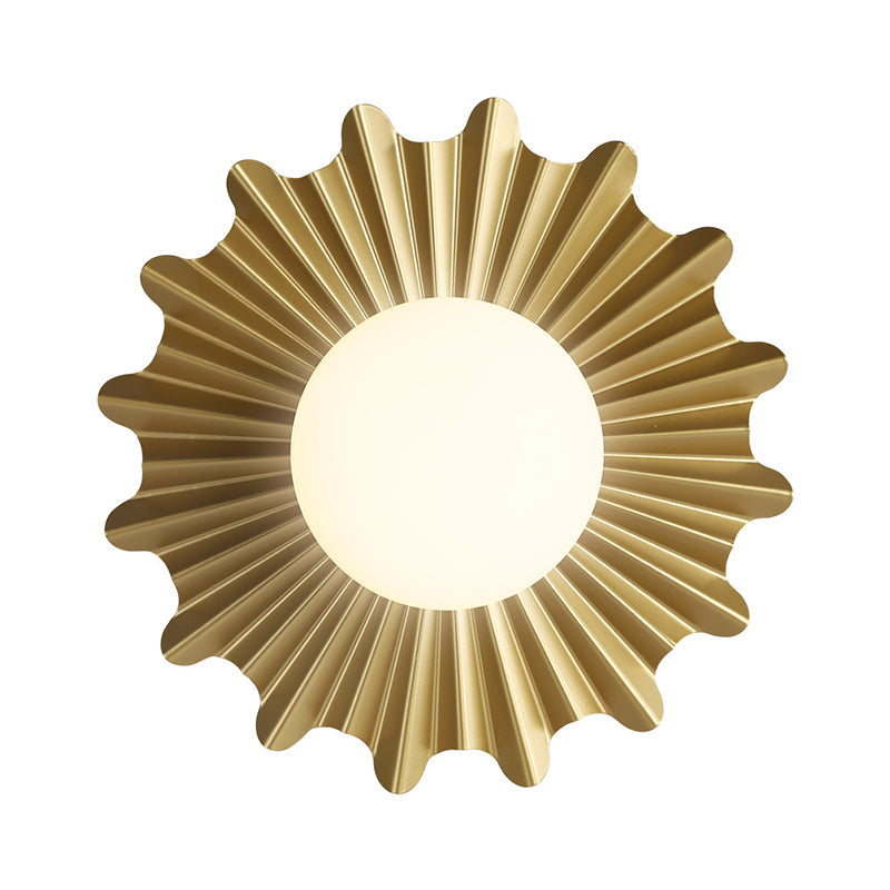 White Glass Sphere Wall Light with Brass Scalloped Backplate 1 Heads Modern Wall Mounted Light Clearhalo 'Cast Iron' 'Glass' 'Industrial' 'Modern wall lights' 'Modern' 'Tiffany' 'Traditional wall lights' 'Vanity Lights' 'Wall Lights' Lighting' 370175