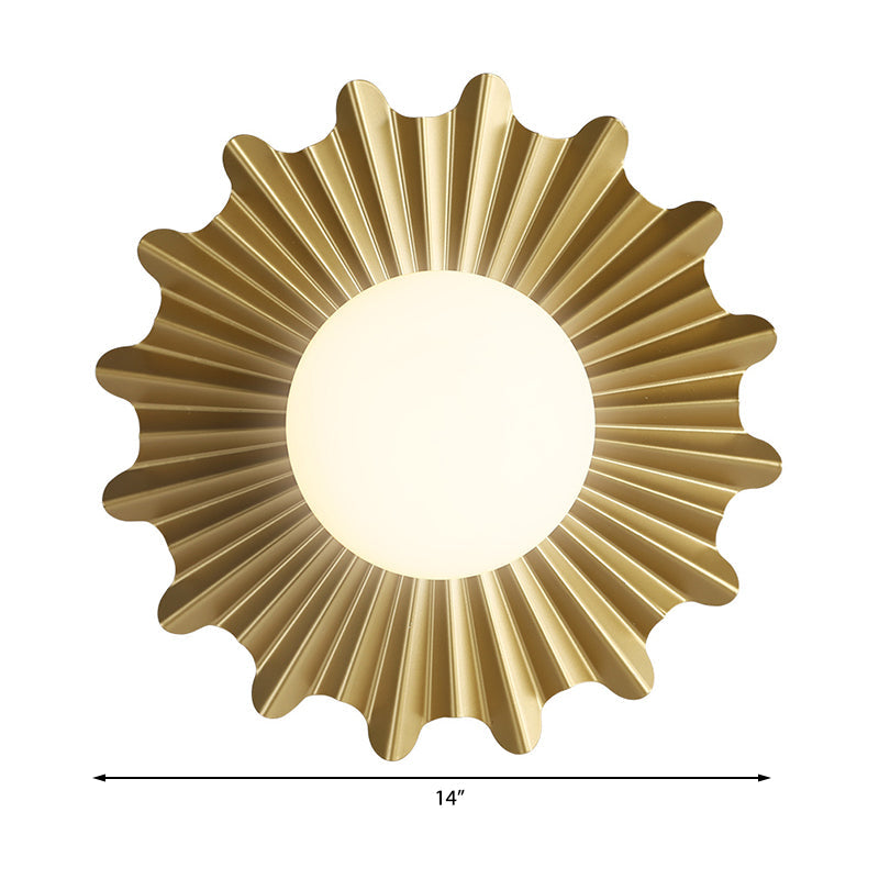 White Glass Sphere Wall Light with Brass Scalloped Backplate 1 Heads Modern Wall Mounted Light Clearhalo 'Cast Iron' 'Glass' 'Industrial' 'Modern wall lights' 'Modern' 'Tiffany' 'Traditional wall lights' 'Vanity Lights' 'Wall Lights' Lighting' 370176