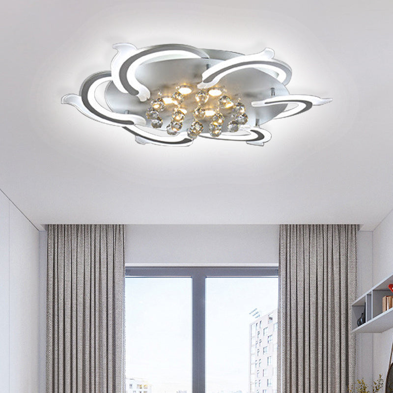 3/5/6-LED Windmill Flush Ceiling Lamp Modern Style Metallic Led Flush Lighting in White with Crystal Ball 6 White Clearhalo 'Ceiling Lights' 'Close To Ceiling Lights' 'Close to ceiling' 'Semi-flushmount' Lighting' 377721