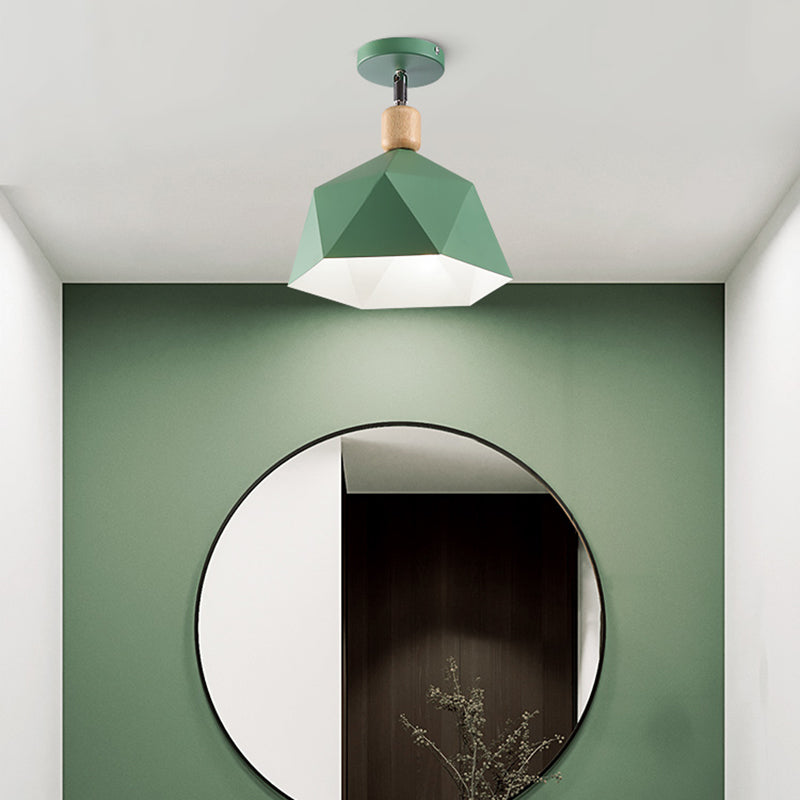 Gray/White/Green Metal Diamond Shaped Semi Flush Mount Light Macaron 1 Light Ceiling Light Fixture for Hall Green Clearhalo 'Ceiling Lights' 'Close To Ceiling Lights' 'Close to ceiling' 'Semi-flushmount' Lighting' 377894