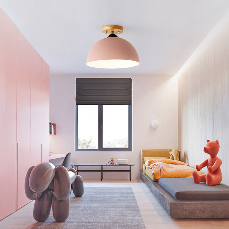 Red/Pink/White/Gray Domed Semi Flushmount Light Macaron Metal 1 Head Bedroom Semi Flush Ceiling Light, 12" W Pink Clearhalo 'Ceiling Lights' 'Close To Ceiling Lights' 'Close to ceiling' 'Semi-flushmount' Lighting' 379522