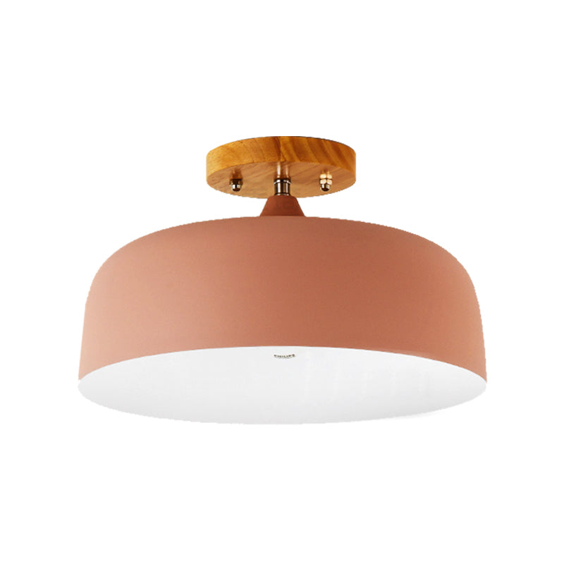 1 Light Gray/White/Pink/Green Ceiling Flush Mount Light with Drum Metal Lampshade Simple Semi-Flushmount Lamp Clearhalo 'Ceiling Lights' 'Close To Ceiling Lights' 'Close to ceiling' 'Semi-flushmount' Lighting' 379526