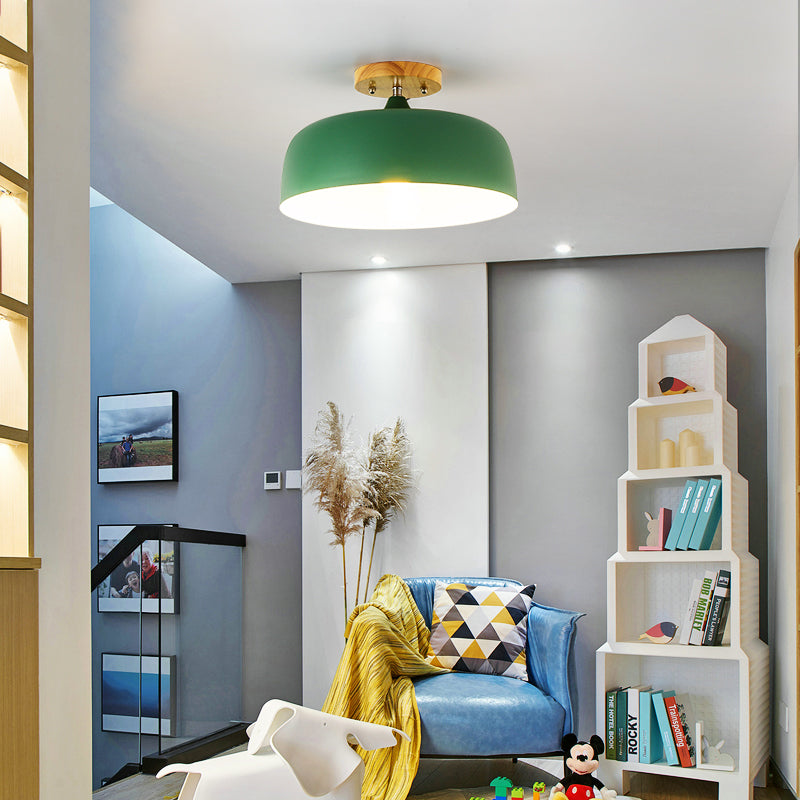 1 Light Gray/White/Pink/Green Ceiling Flush Mount Light with Drum Metal Lampshade Simple Semi-Flushmount Lamp Green Clearhalo 'Ceiling Lights' 'Close To Ceiling Lights' 'Close to ceiling' 'Semi-flushmount' Lighting' 379530