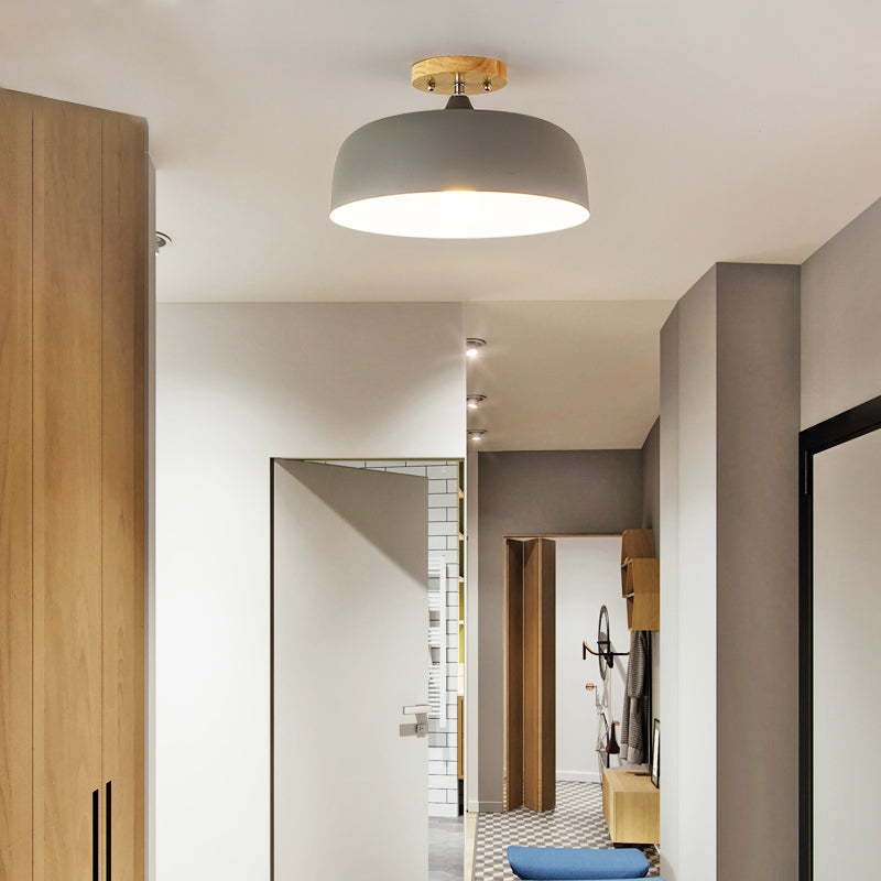 1 Light Gray/White/Pink/Green Ceiling Flush Mount Light with Drum Metal Lampshade Simple Semi-Flushmount Lamp Grey Clearhalo 'Ceiling Lights' 'Close To Ceiling Lights' 'Close to ceiling' 'Semi-flushmount' Lighting' 379532