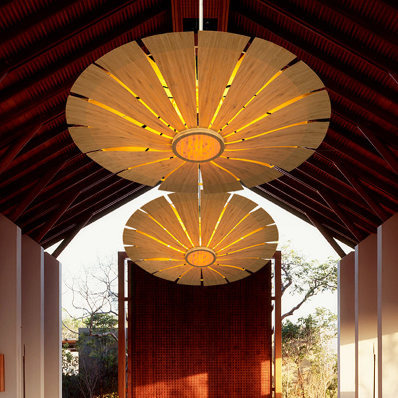 Flying Saucer Ceiling Lamp Asian Wood 19.5"/27.5" Wide 1 Bulb Beige Pendant Lighting Fixture Clearhalo 'Ceiling Lights' 'Pendant Lights' 'Pendants' Lighting' 379675