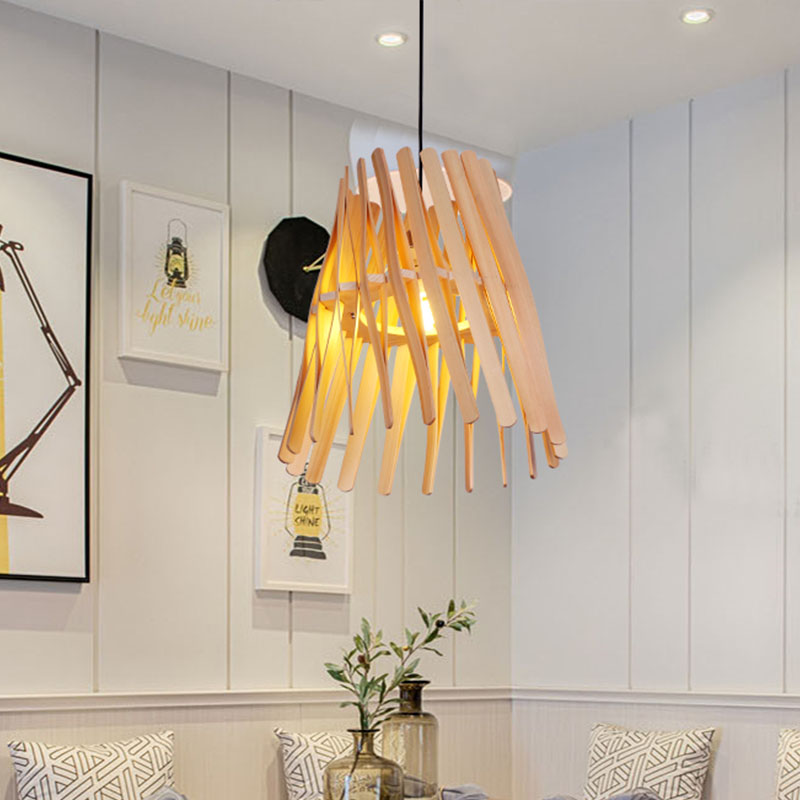 1 Bulb Bedroom Hanging Lamp Asia Beige Ceiling Pendant Light with Conical Wood Shade Wood Clearhalo 'Ceiling Lights' 'Pendant Lights' 'Pendants' Lighting' 380137_79d74f27-7892-4e5d-9e1d-017f78b6741c