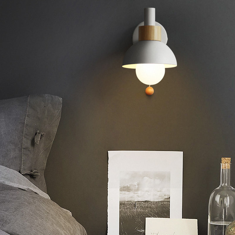 Macaron Domed Sconce Light Fixture 1 Bulb Wall Light Fixture with Metal Shade and Pull Chain in White/Pink/Green White Clearhalo 'Cast Iron' 'Glass' 'Industrial' 'Modern wall lights' 'Modern' 'Tiffany' 'Traditional wall lights' 'Wall Lamps & Sconces' 'Wall Lights' Lighting' 380168