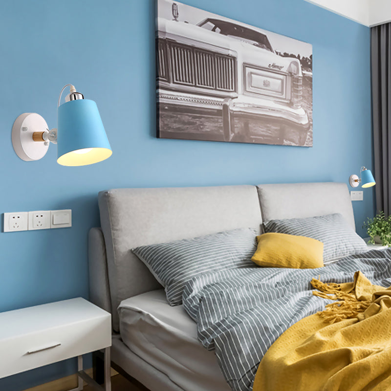 Gray/White/Pink/Yellow/Blue/Green Conical Sconce Light Fixture Minimalist Metal 1 Light Wall Mount Lamp for Bedside Blue Clearhalo 'Cast Iron' 'Glass' 'Industrial' 'Modern wall lights' 'Modern' 'Tiffany' 'Traditional wall lights' 'Vanity Lights' 'Wall Lights' Lighting' 380425