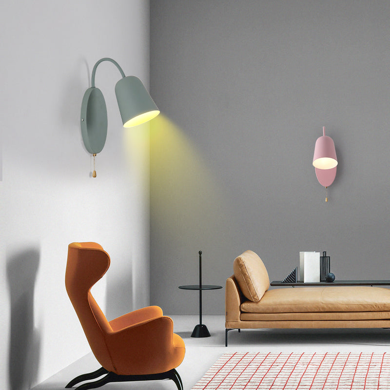 Modern Cone Sconce Light Fixture 1 Light Wall Mounted Lighting with Metal Shade and Pull Chain in Pink/Yellow/Blue/Green Green Clearhalo 'Cast Iron' 'Glass' 'Industrial' 'Modern wall lights' 'Modern' 'Tiffany' 'Traditional wall lights' 'Wall Lamps & Sconces' 'Wall Lights' Lighting' 380528