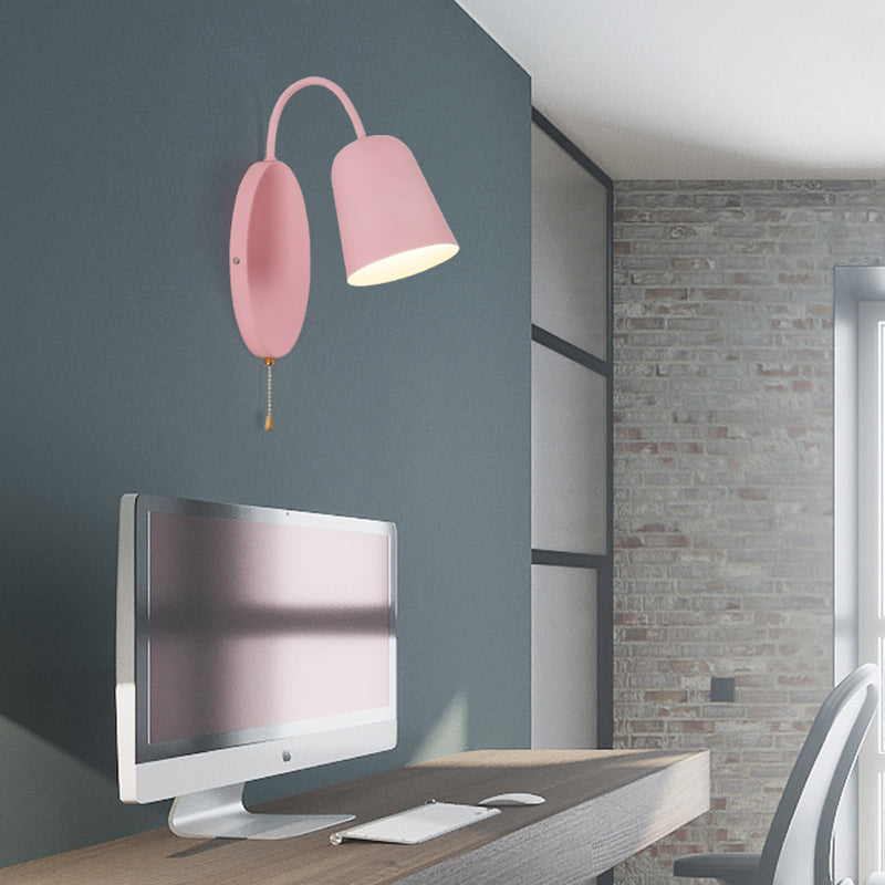 Modern Cone Sconce Light Fixture 1 Light Wall Mounted Lighting with Metal Shade and Pull Chain in Pink/Yellow/Blue/Green Pink Clearhalo 'Cast Iron' 'Glass' 'Industrial' 'Modern wall lights' 'Modern' 'Tiffany' 'Traditional wall lights' 'Wall Lamps & Sconces' 'Wall Lights' Lighting' 380535